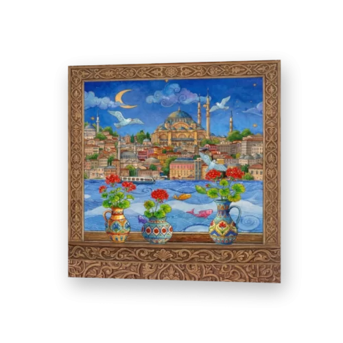 Historic Istanbul with pelargoniums 3D lenticular card by 3Dimge, front view