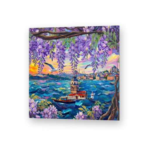 Maiden Tower with wisterias 3D lenticular card by 3Dimge, front view